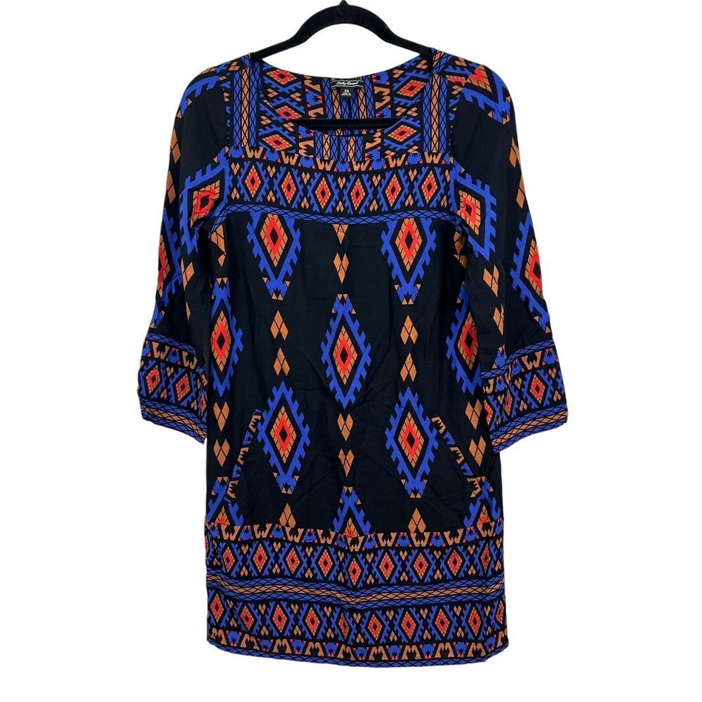Lucky Brand Womens Tunic Dress 3/4 Sleeves Lined Aztec Print Blue Black Sz XS*